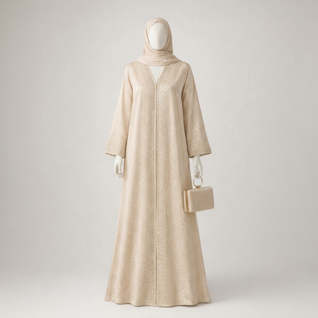 Champagne Shimmer Embellished Open Abaya with Hijab