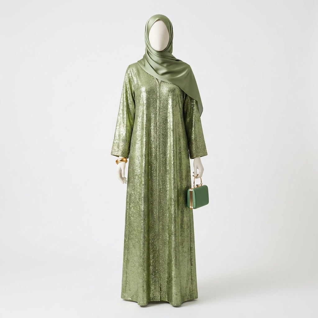 Olive Gold Shimmer Embellished Open Abaya with Hijab
