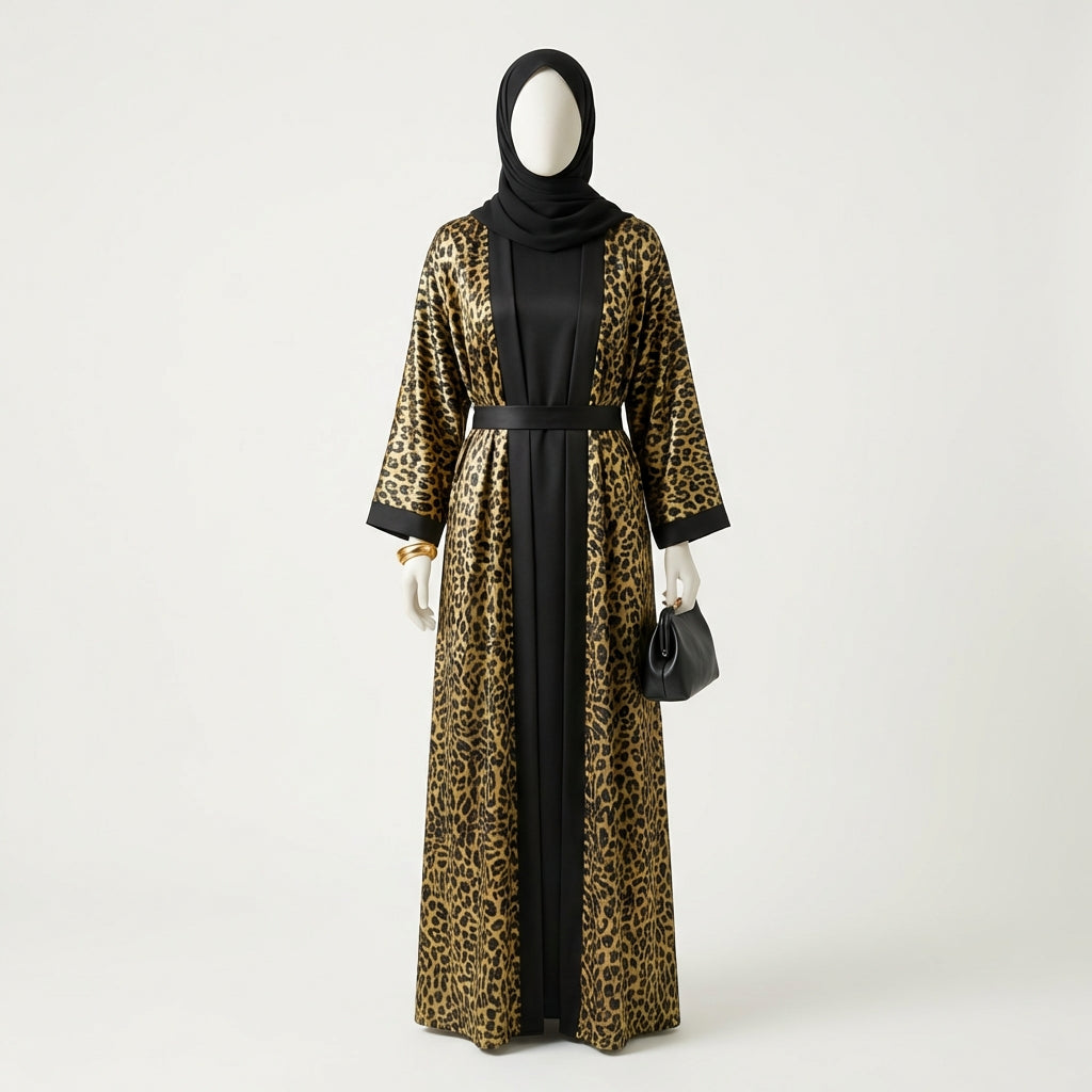 Leopard Shimmer 3-Piece Open Abaya Set (Abaya + Inner + Black Hijab)