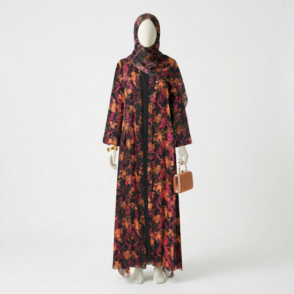 Midnight Bloom Floral Open Abaya with Matching Hijab